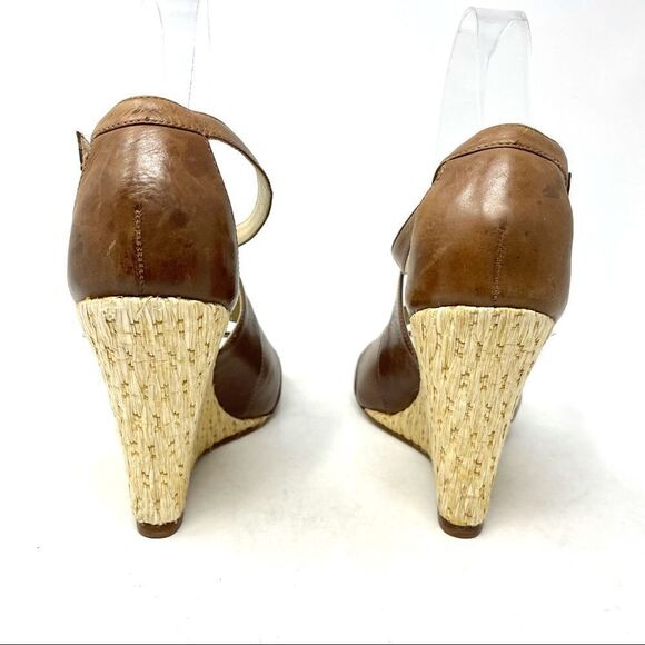 Alexandre Birman Brown Leather Raffia Wedge Sandals Size 38.5 - Picture 5 of 11